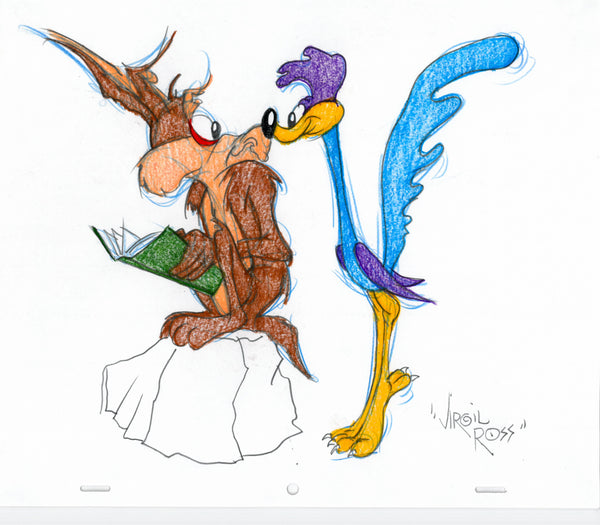 Signed Warner Brothers Original 1990's Color Drawing Virgil Road Runner Coyote - The Cricket Gallery