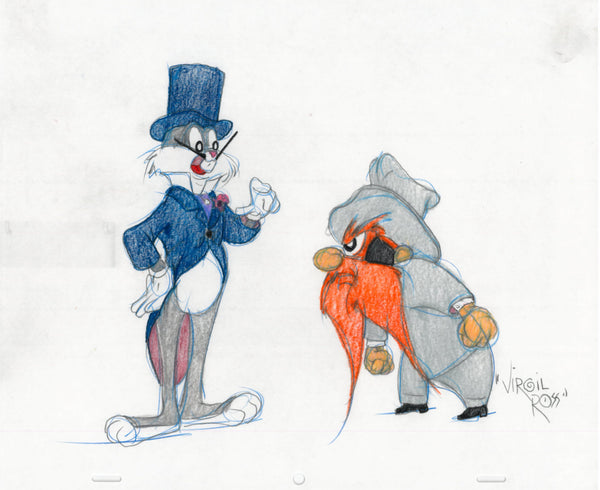 Signed Warner Brothers Original 1990's Color Drawing Virgil Bugs Bunny Yosemite Sam - The Cricket Gallery