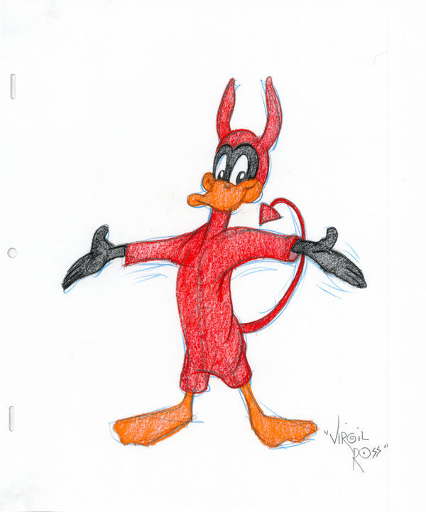 Signed Warner Brothers Original 1990's Color Drawing Virgil Devil Daffy Duck - The Cricket Gallery