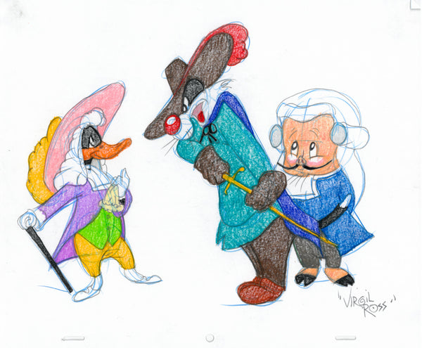 Signed Warner Brothers Original 1990's Color Drawing Virgil Daffy Duck, Sylvester, Porky Pig - The Cricket Gallery