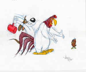 Signed Warner Brothers Original 1990's Color Drawing Virgil Ross Foghorn Leghorn, George P. Dog, Henry Hawk