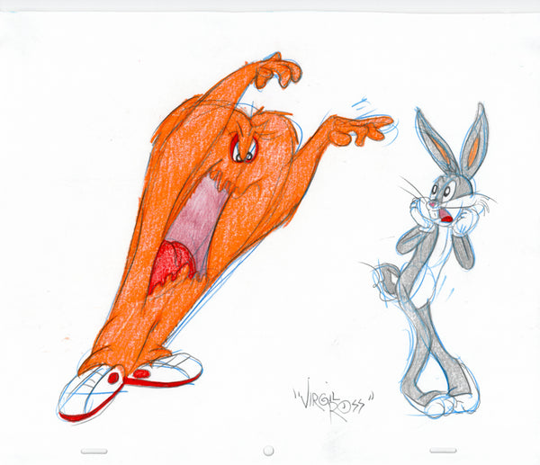 Signed Warner Brothers Original 1990's Color Drawing Virgil Ross Bugs Bunny Gossamer