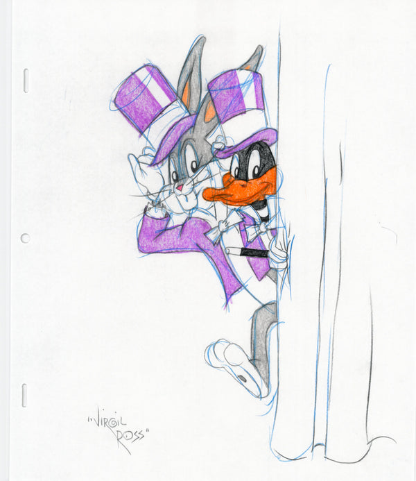 Signed Warner Brothers Original 1990's Color Drawing Signed Virgil Ross Bugs Bunny & Daffy Duck