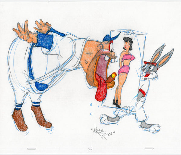 Signed Warner Brothers Original 1990's Color Drawing Virgil Ross Baseball Bugs Bunny