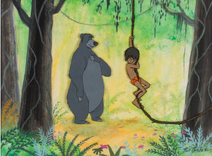 The Jungle Book Mowgli and Baloo Production Cel Setup with Painted Background Signed by Bill Justice (Walt Disney, 1967) - The Cricket Gallery