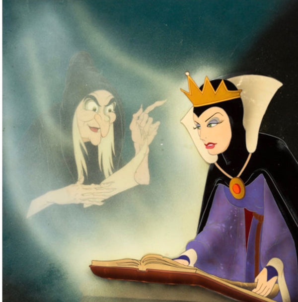 Snow White and the Seven Dwarfs Old Hag and Evil Queen Production Cel and Courvoisier Background Setup (Walt Disney, 1937)0 - The Cricket Gallery