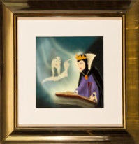 Snow White and the Seven Dwarfs Old Hag and Evil Queen Production Cel and Courvoisier Background Setup (Walt Disney, 1937)0 - The Cricket Gallery