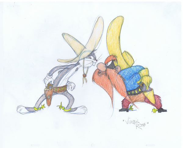 SIGNED Warner Brothers Original Color Drawing Bugs Yosemite Sam Virgil Ross 1990's - The Cricket Gallery