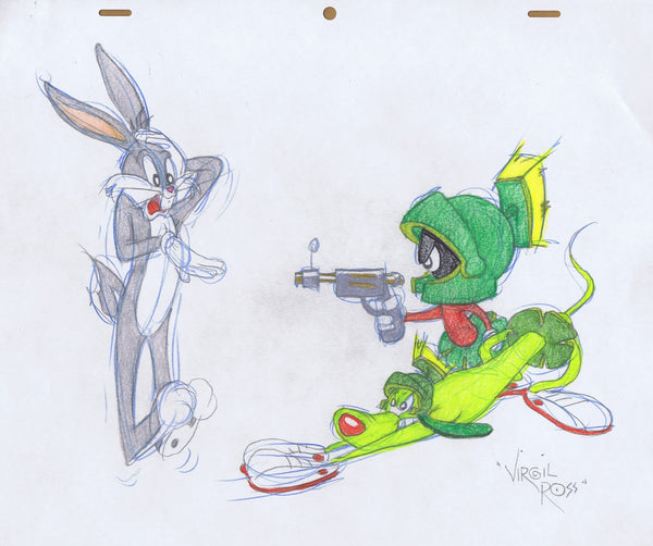 Signed Warner Brothers Original 1990's Color Drawing Virgil Ross Bugs Bunny, Marvin The Martian & K-9 - The Cricket Gallery