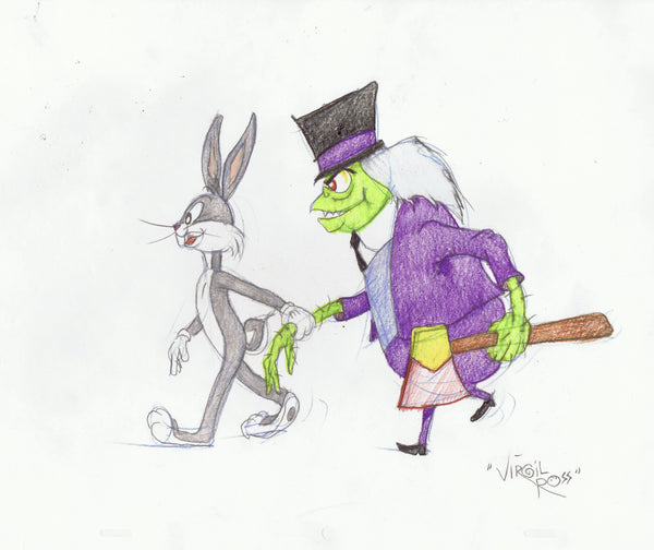 Signed Warner Brothers Original 1990's Color Drawing Virgil Ross Hyde and Hare Bugs Bunny - The Cricket Gallery